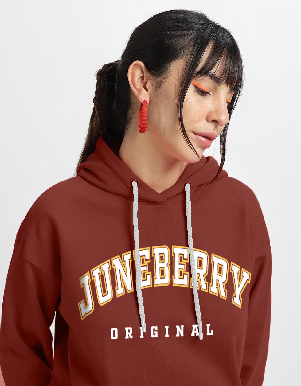 Juneberry Fleece Oversized Baggy Fit Hooded Sweatshirt Drop Shoulder Typographic Logo Printed Full Sleeve Hoodie For Women (Os_H
