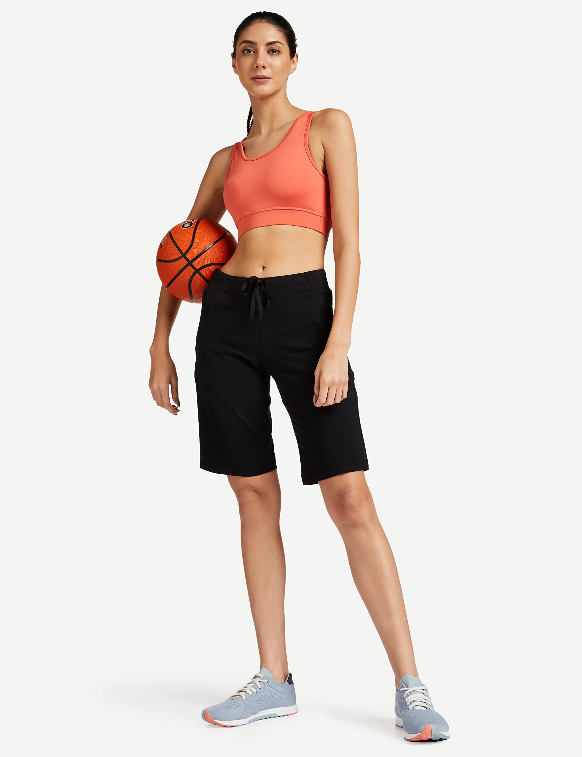 Enamor Essentials Womens Mid Rise Slim Fit Breathable Stretch Cotton Knee Length City Shorts with Invisible Zipper Pockets- E044