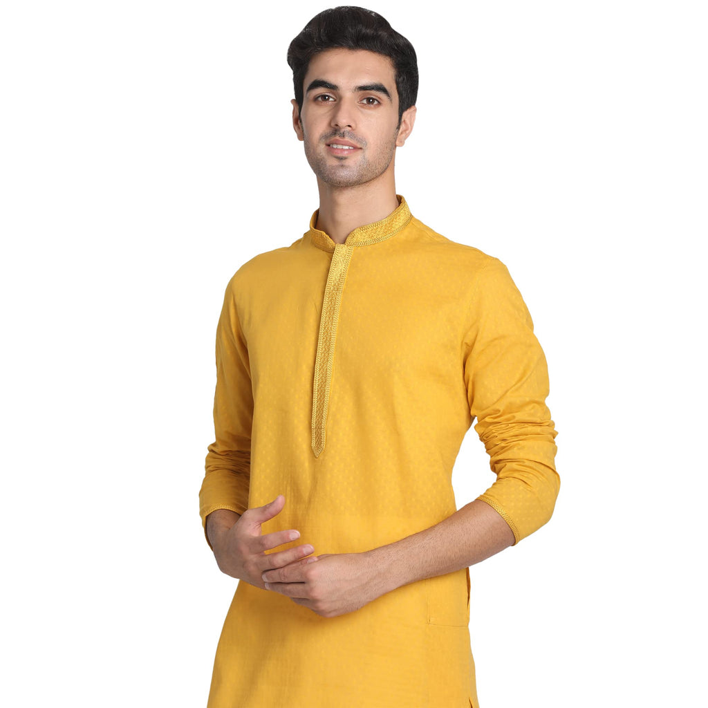 Manyavar Mens Mustard Yellow Self Booti Kurta Set
