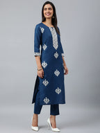 ANNI DESIGNER Womens Cotton Blend Straight Embroidered Kurta with Pant & Dupatta (Tistha Dark Blue_M_Dark Blue_Medium)