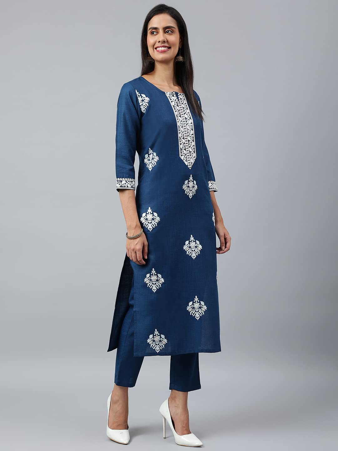 ANNI DESIGNER Womens Cotton Blend Straight Embroidered Kurta with Pant & Dupatta (Tistha Dark Blue_M_Dark Blue_Medium)