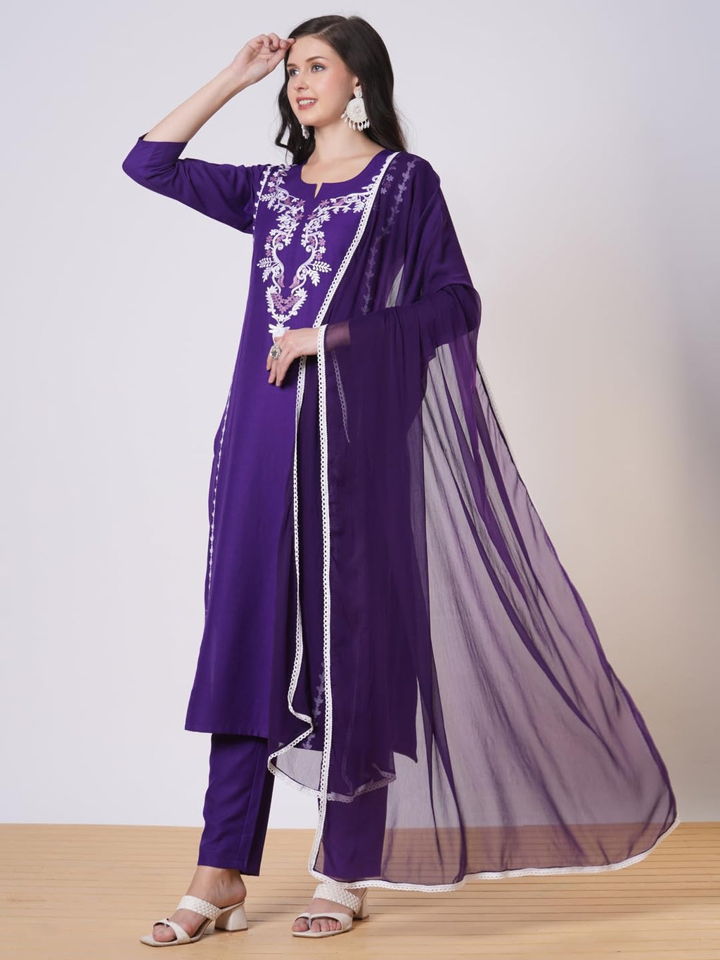 ANNI DESIGNER Women s viscose rayon embroidered straight Kurta with trousers and dupatta, Begani, XL