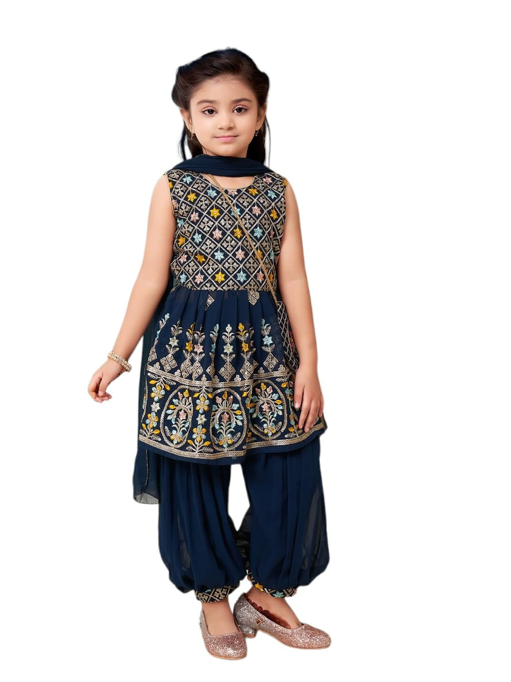 Aarika Girls Ethnic Wear Teal Blue Colour Thread Sequin Embroidery Georgette Kurti Patiala Set With Sling Bag (4-10 Years)