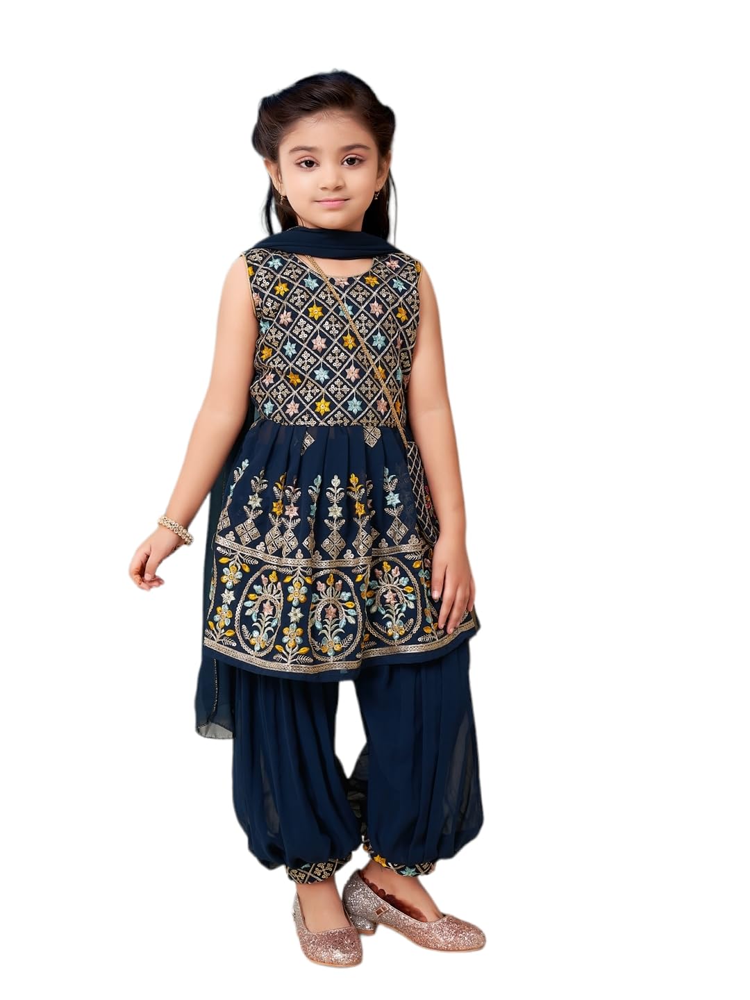 Aarika Girls Ethnic Wear Teal Blue Colour Thread Sequin Embroidery Georgette Kurti Patiala Set With Sling Bag (4-10 Years)