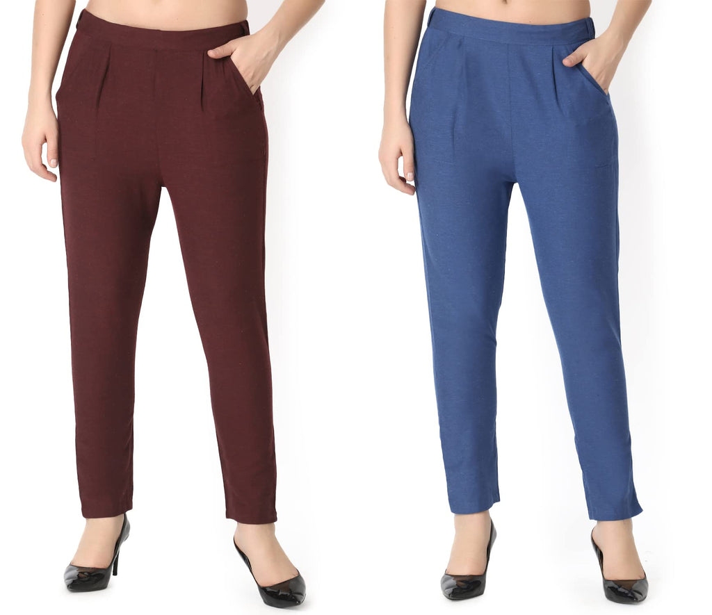 Greciilooks Women'S Premium Cotton Trouser Combo Pack Of 2 With Pocket|Pant For Kurti|Formal Pant For Office Wear & Daily Use Fo