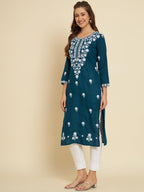 Ekasya WomenS Soft Cotton Slub Straight Cut Round Neck Kurta With Beautiful Floral Embroidery Work (E1572) Royal Blue