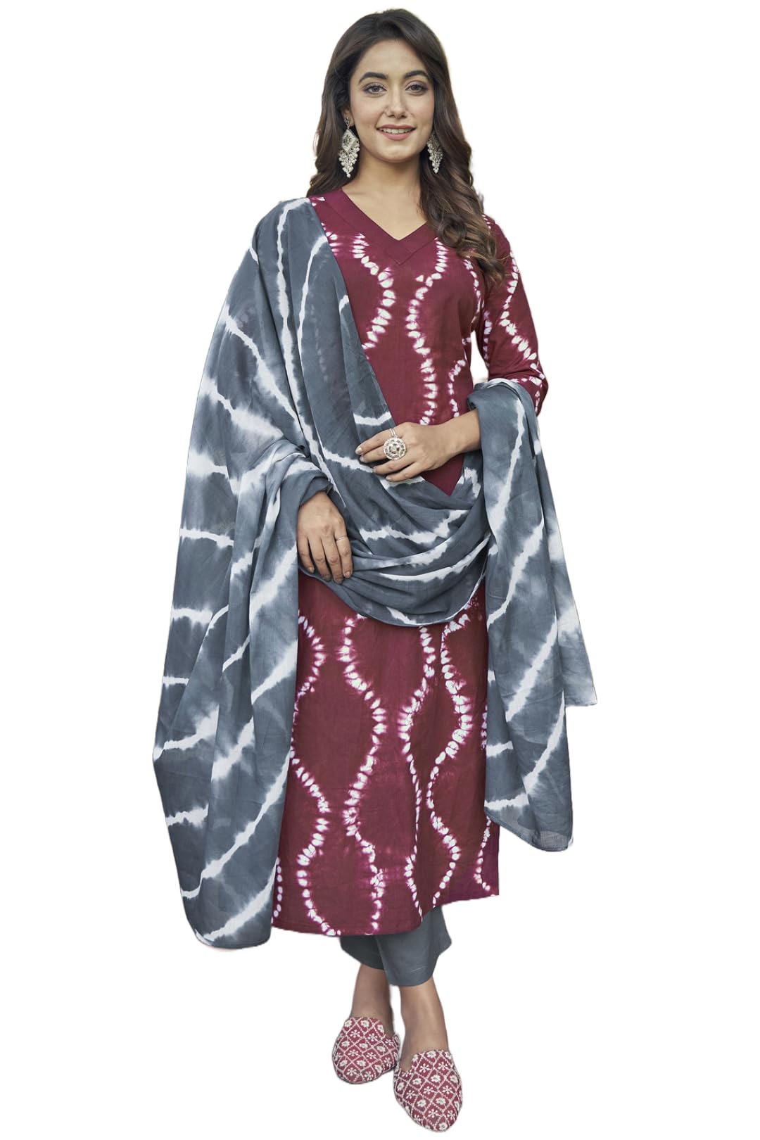 ANNI DESIGNER Womens Cotton Blend Straight Printed Kurta with Pant & Dupatta (Mithila Maroon-FNW_L_Maroon_Large)