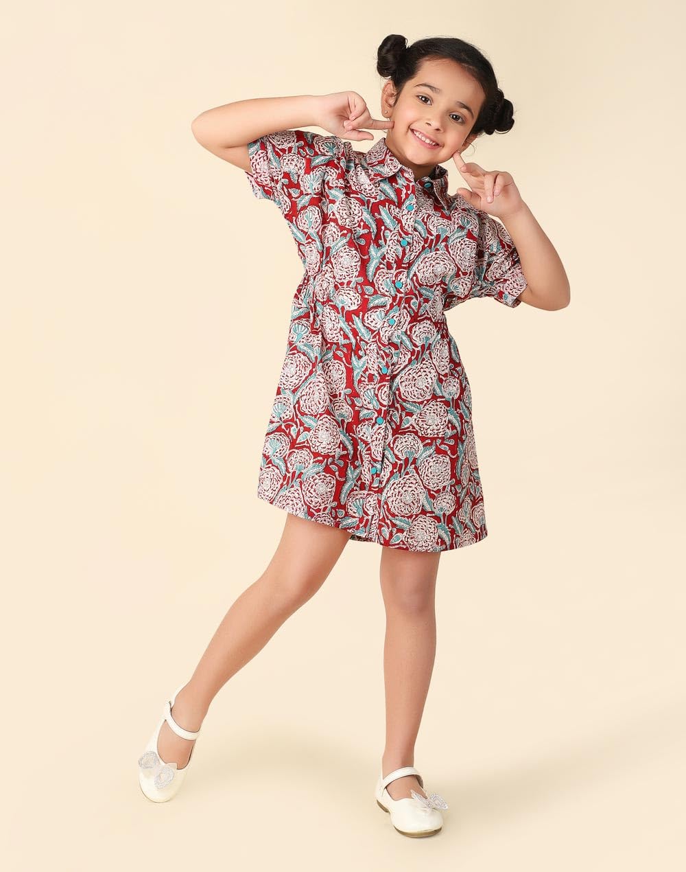 Fabindia Girls Red Cotton Hand Block Printed Dress Above The Knee 1035079RED