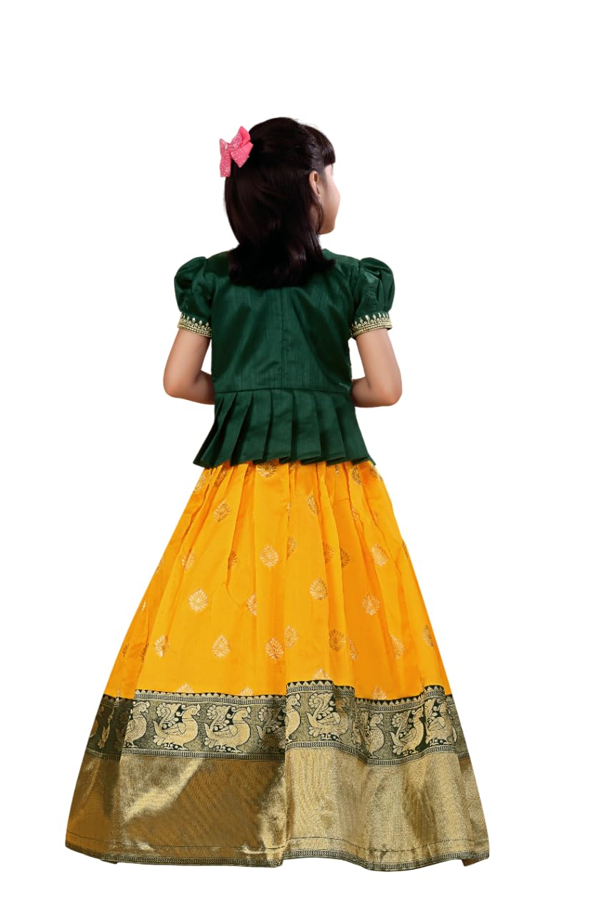 White Button New South Indian Traditional Pattu Pavadai Jecquard Lehenga Choli For Girls Dress