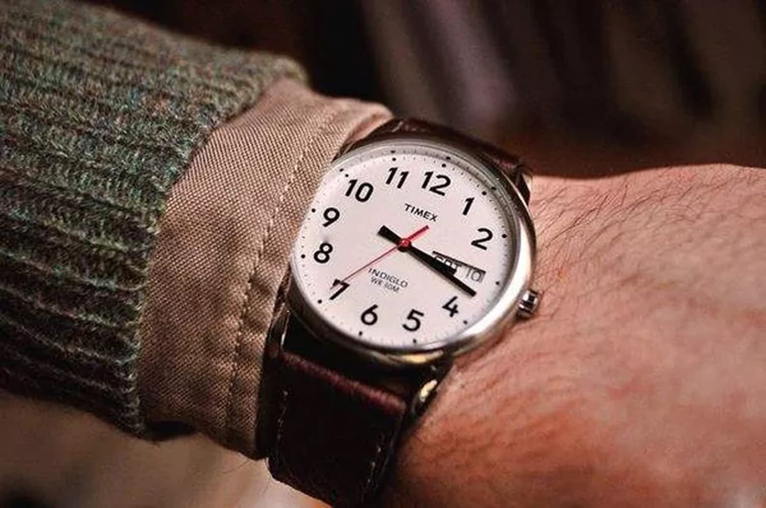 Timex Men's Easy Reader 35mm Day-Date Watch - Silver-Tone Case White Dial with Dark Brown Leather Strap
