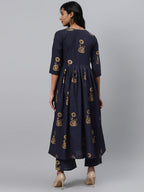 Gosriki WomenS Navy Blue & Golden Floral Printed Kurta With Palazzos