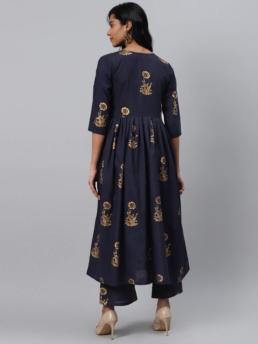 Gosriki WomenS Navy Blue & Golden Floral Printed Kurta With Palazzos