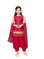 Aarika Girls Ethnic Wear Rani Colour Sequin Embroidery Lace Work Georgette Kurti Patiala Set (10-15 Years)