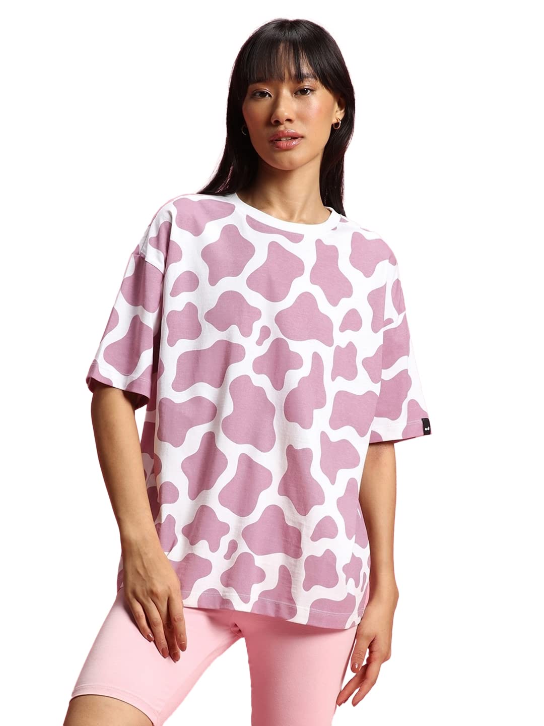 Bewakoof Womens Camouflage Oversized Fit Half Sleeve Round Neck Cotton Plus Size T-Shirt_644679_White_4XL