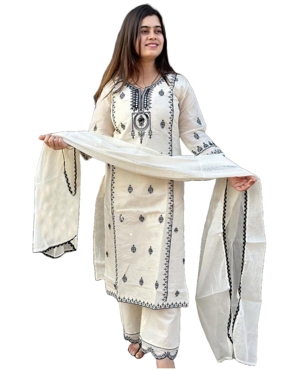 ANNI DESIGNER Womens Rayon Blend Straight Embroidered Kurta with Pant & Dupatta (DEVANAGRI White_M_White_Medium)