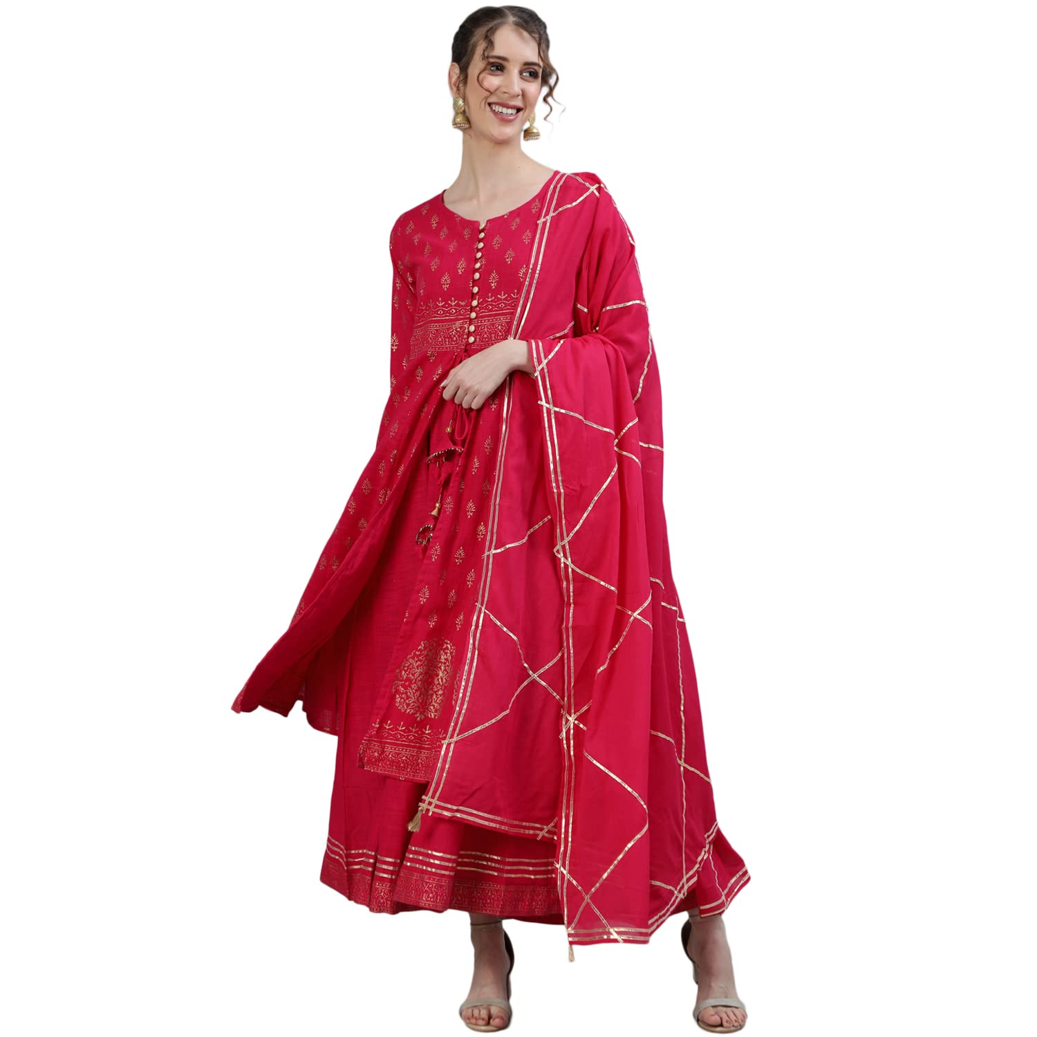 Ishin Women'S Pink Gota Patti Anarkali Kurta Set With Dupatta & Jacket