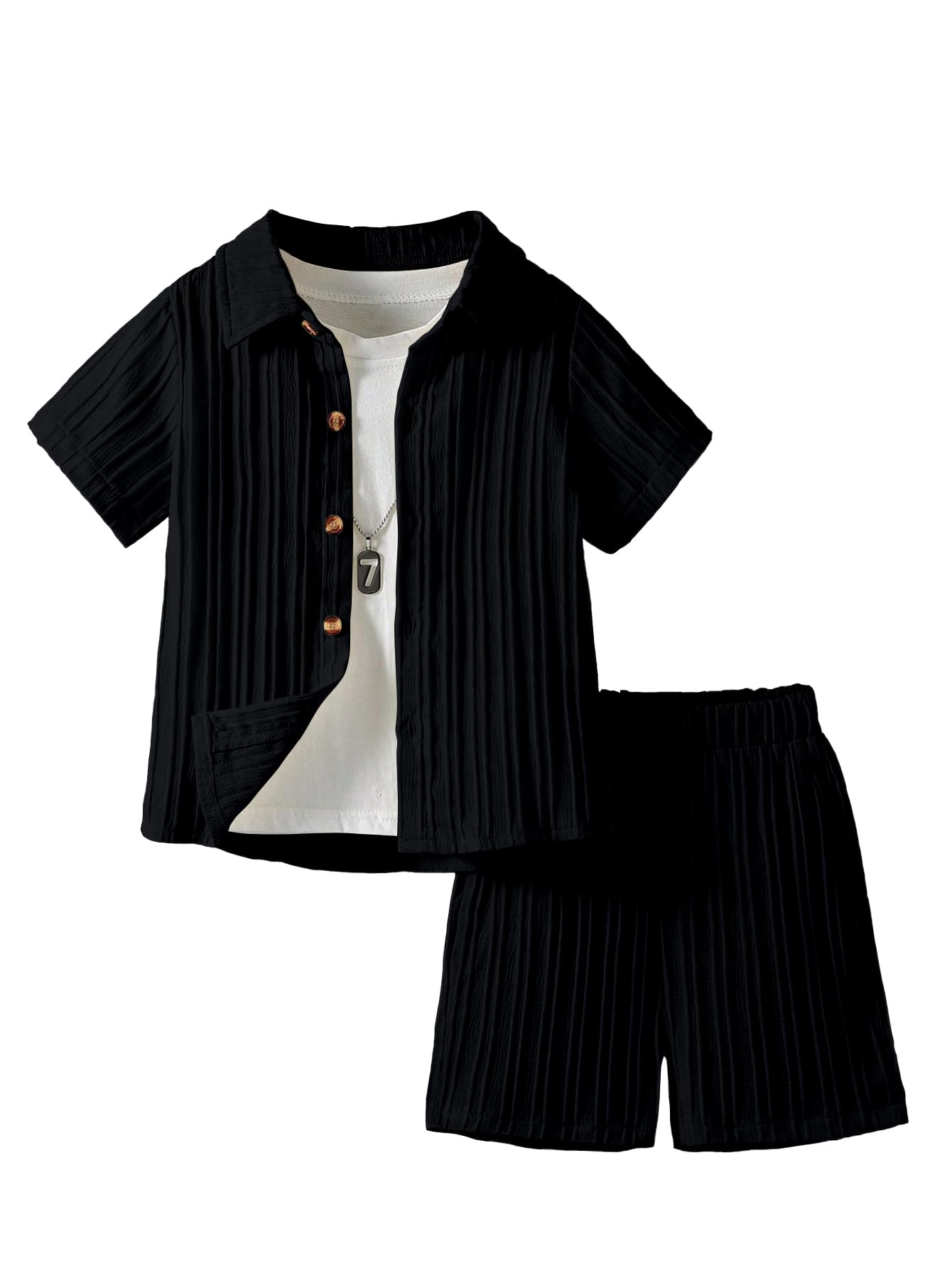 AVANOVA Boys Black 2-Piece Outfit Set  Short Sleeve Button Front Shirt with Matching Shorts, Summer Casual Clothing for Kids, Li