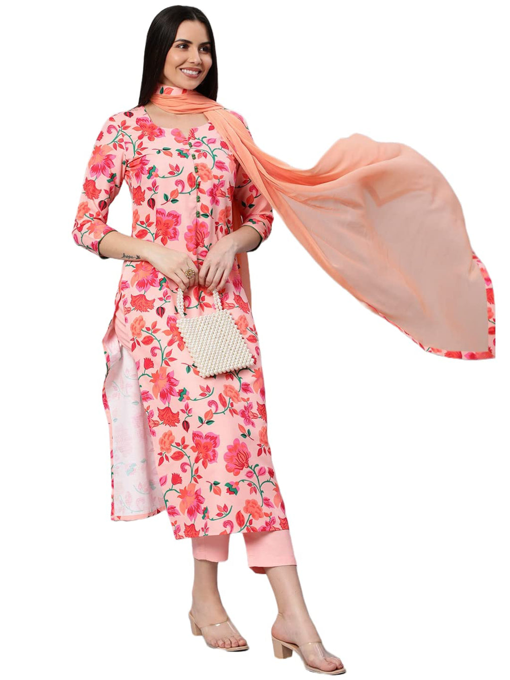 ANNI DESIGNER Womens Cotton Blend Printed Straight Kurta with Pant & Dupatta (Water-Peach_S_Peach_Small)
