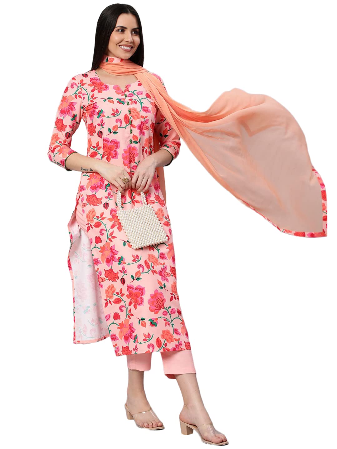 ANNI DESIGNER Womens Cotton Blend Printed Straight Kurta with Pant & Dupatta (Water-Peach_S_Peach_Small)