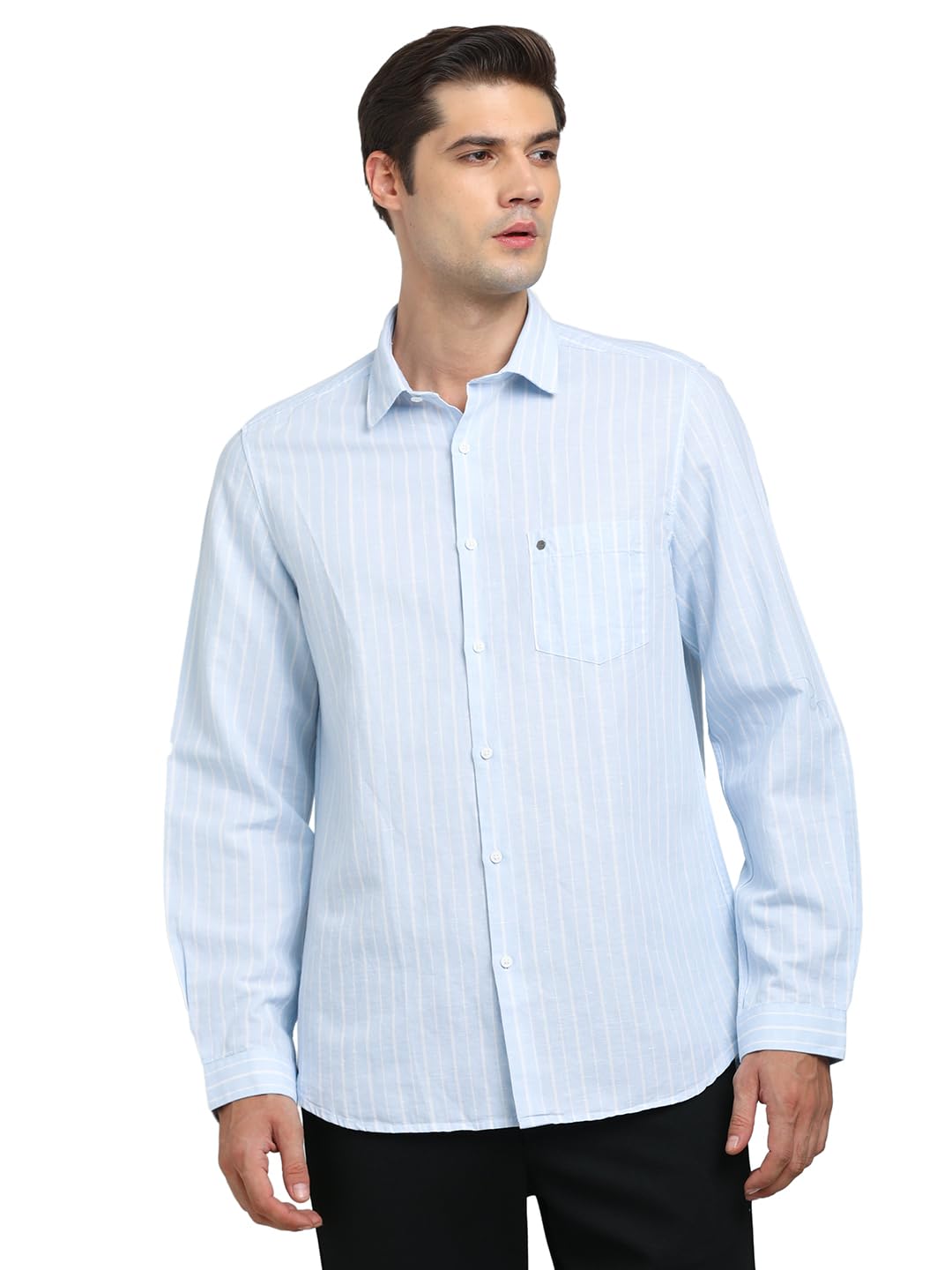 Turtle Men Cotton Linen Slim Fit Light Blue Striped Casual Shirt