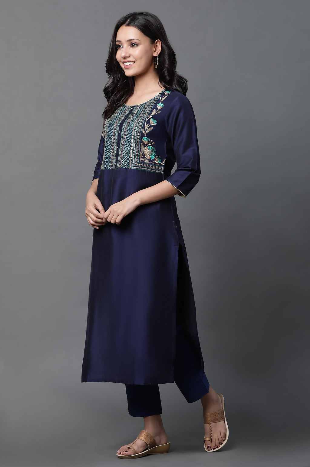 Aurelia Blue Embroidered Blend Straight Long Kurta