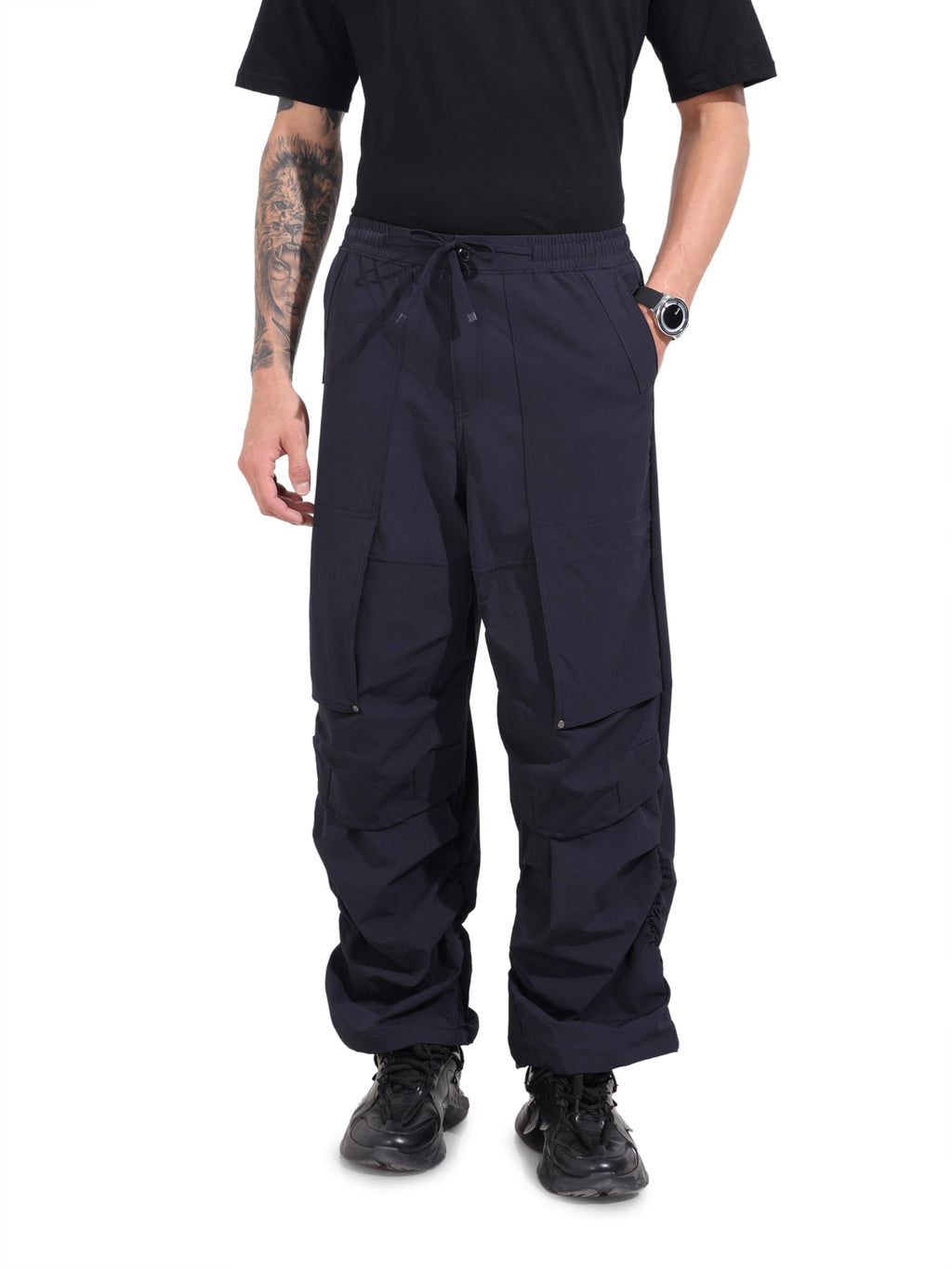 The Indian Garage Co Mens Mid-Rise Stretchable Baggy Parachute Trousers Pants
