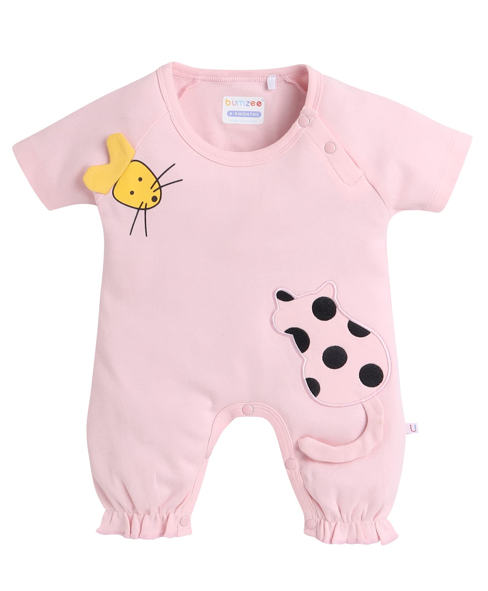 Bumzee Pink Girls Half Sleeves Thigh Length Romper Age - 6-9 Months (Peb8044D-Pnk)