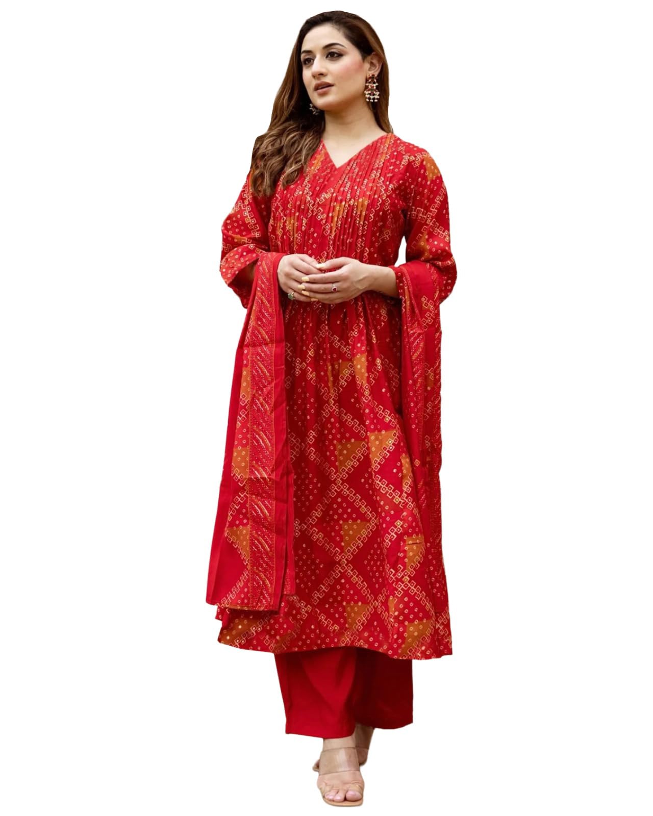 Anni Designer WomenS Rayon Blend A-Line Printed Kurta With Pant & Dupatta (Urbana Red_Xl_Red_X-Large)