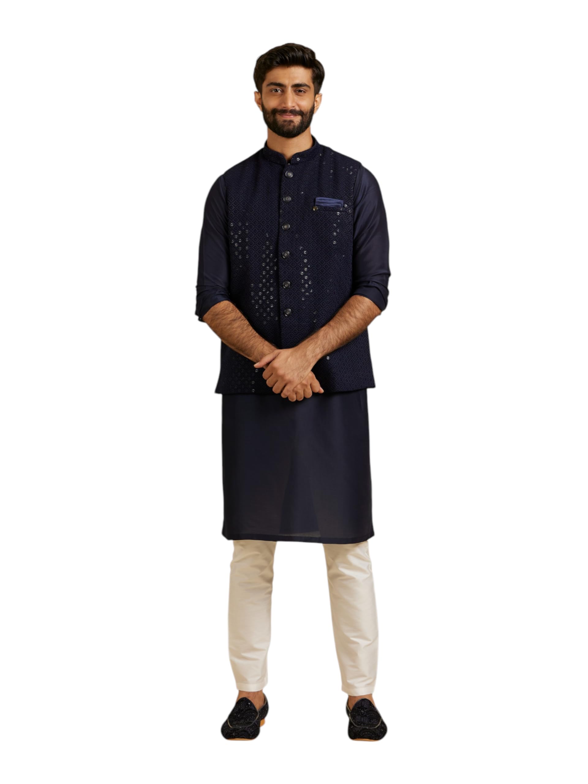 Manyavar MenS Viscose Intricate Embroidery & Sequins Kurta Jacket Set (Blue,S)