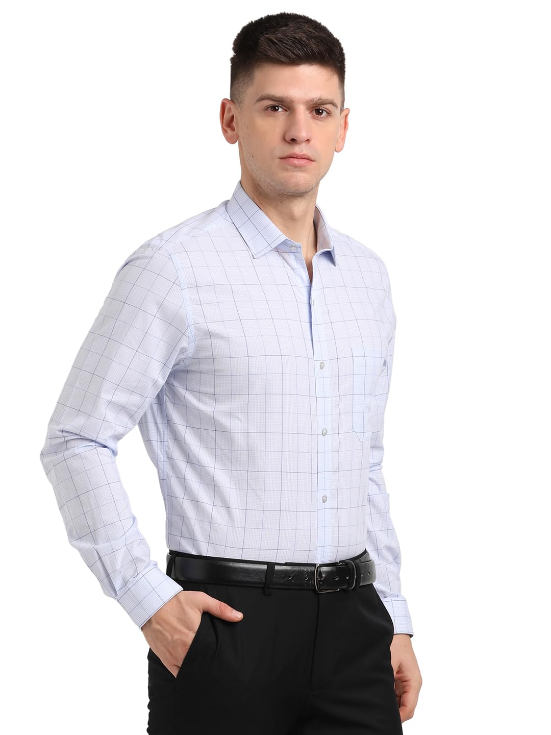 Turtle Men Pure Cotton Slim Fit Checkered Light Blue Formal Shirt
