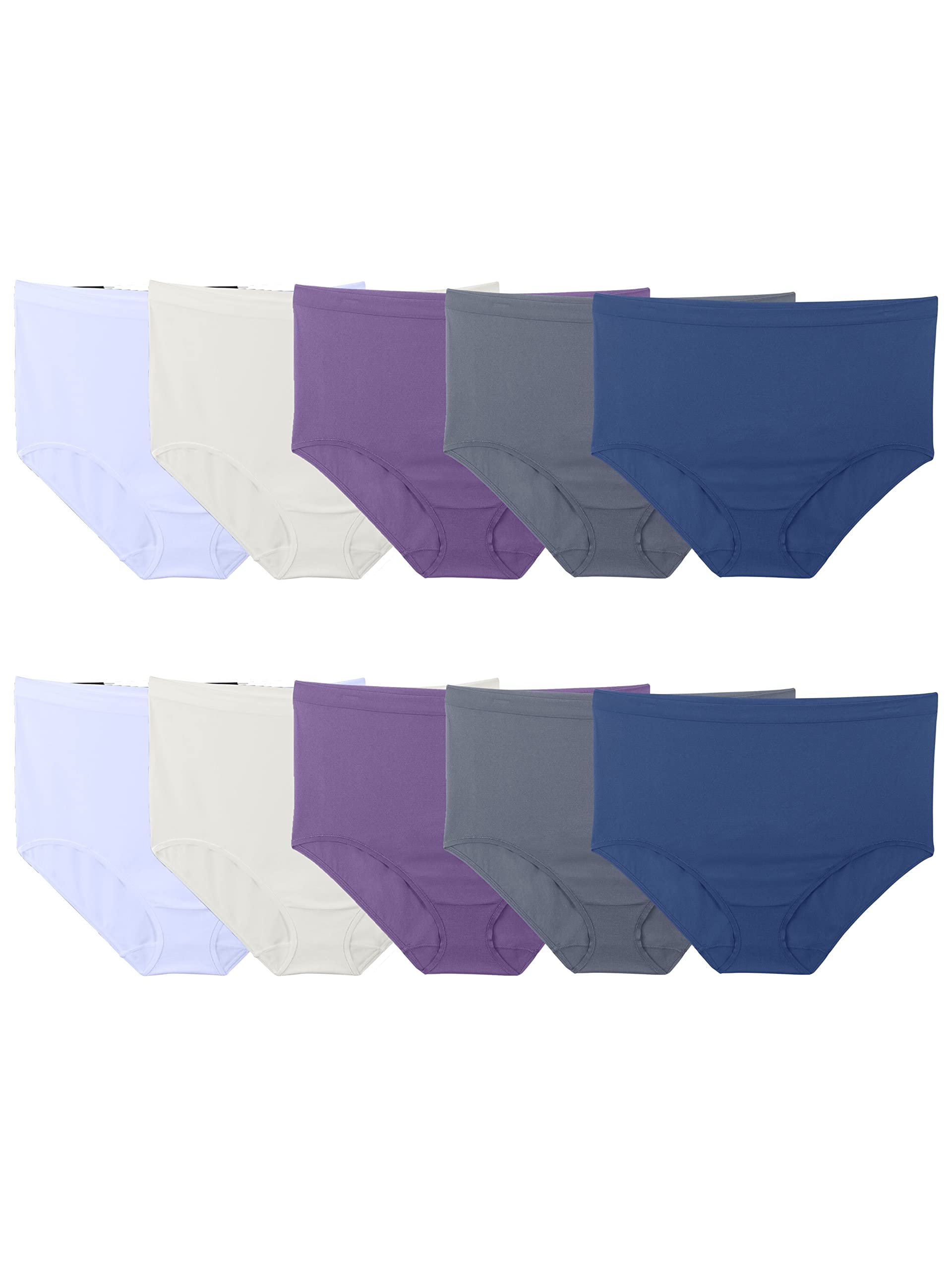 Fruit of the Loom Women's Fit Size Assorted Seamless Brief Underwear, 10 Pack, Brief-10 Pack-Blue/Purple/Grey, 12 Plus