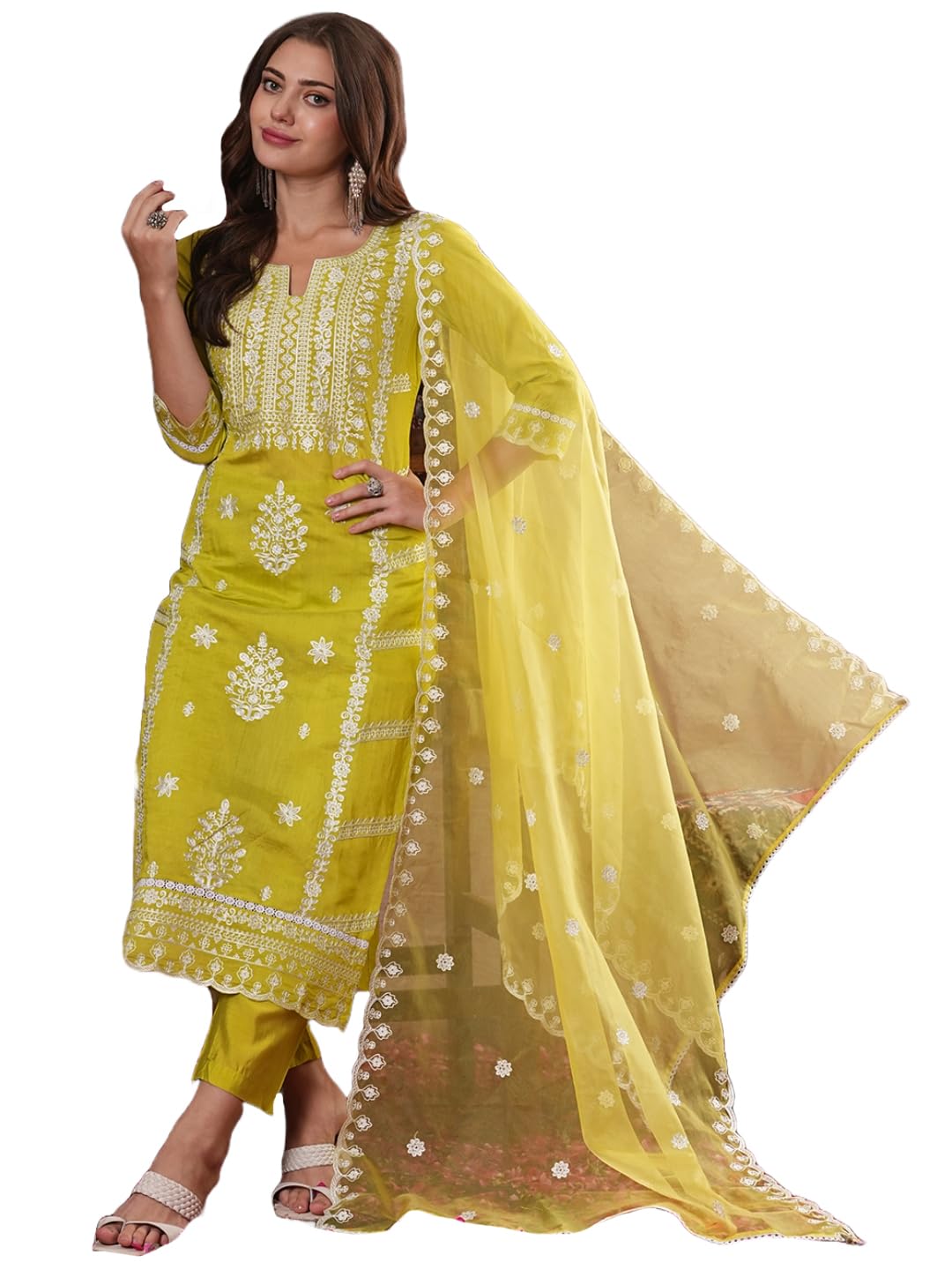 ANNI DESIGNER Womens Rayon Blend Straight Embroidered Kurta with Pant & Dupatta (Carlton LEMON-VKS07_S_Lemon_Small)