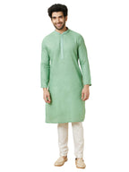 Manyavar Mens Cotton Solid Full Sleeves Knee Length Kurta Set (Green, M)