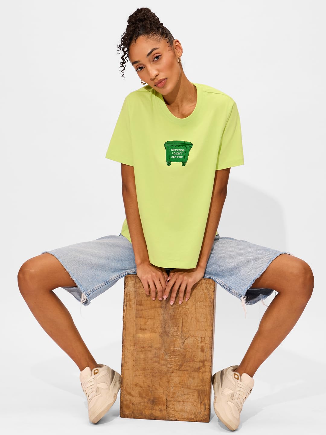 The Souled Store Trash Opinion Women and Girls Short Sleeves Round Neck Green Embroidered Patch Cotton Oversized T-Shirts