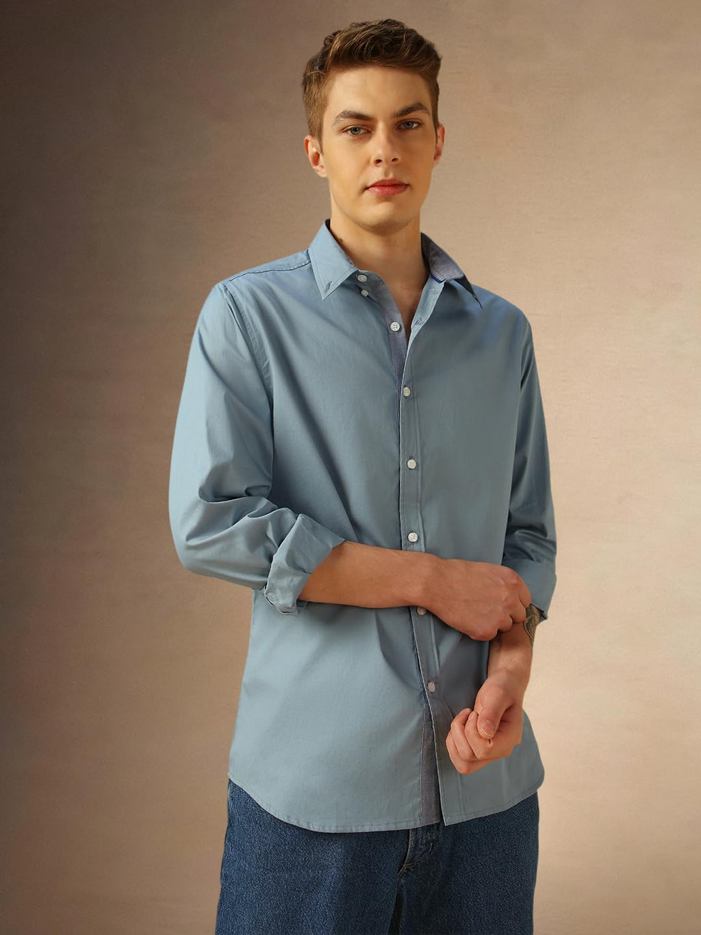 Dennis Lingo Solid Full Sleeves Button Down Collar Cotton Regular Fit Men Casual Shirt Dusty Blue