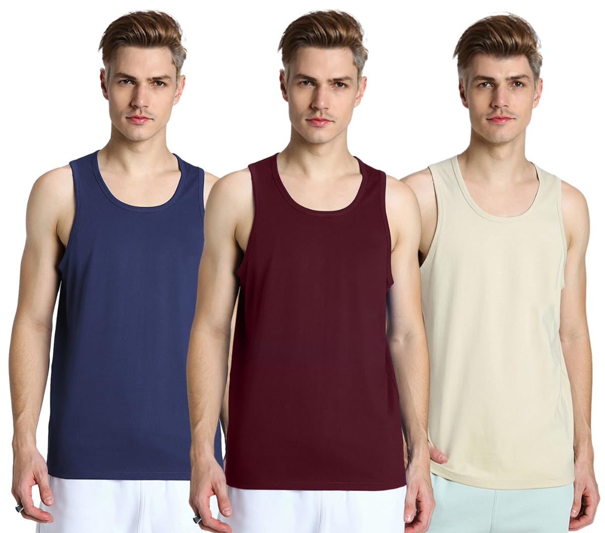 Veirdo Men's 100% Cotton Scoop Neck Regular Fit Solid Core Sleeveless Vest Combo-