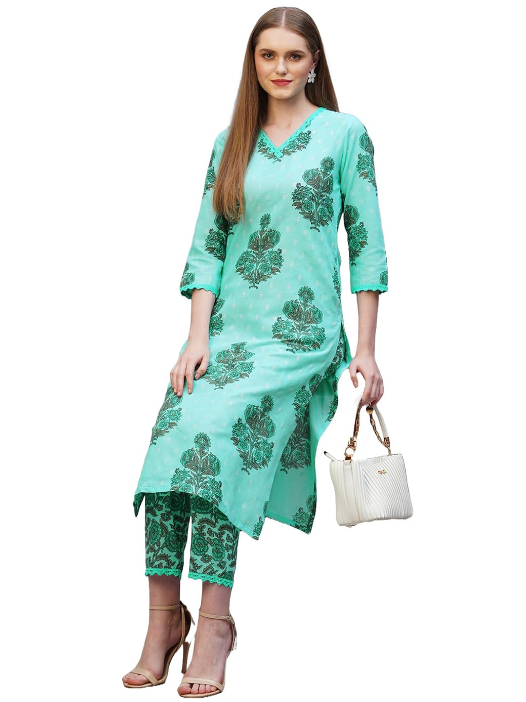 ANNI DESIGNER Womens Rayon Blend Straight Printed Kurta & Pant (Cheer Green_Xl_Green_X-Large)
