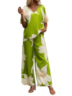 Shasmi Womens Casual Elegant Pista Floral Printed Batwing V-Neck Blouse, Sleeve Shirt, Wide Long Pants for Ladies 2pcs/Set, Spr