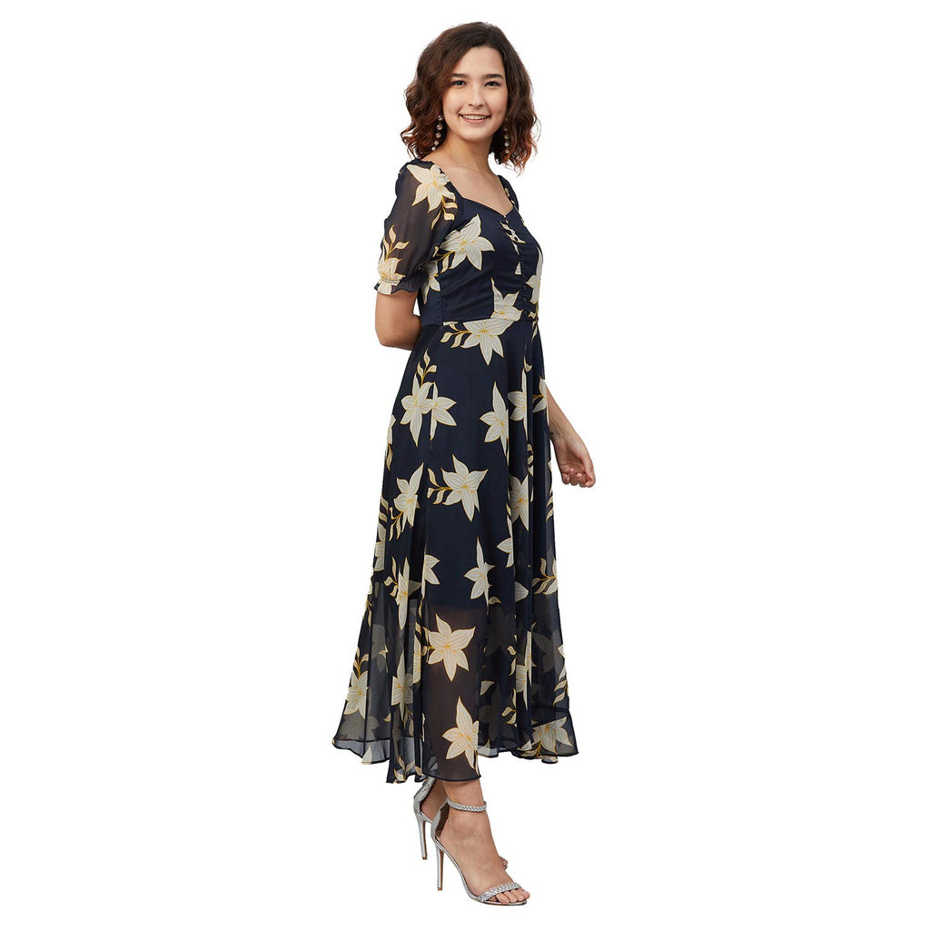Rare Women'S Chiffon Fit And Flare Maxi Casual Dress (Ep6218_Navy Blue_X-Large)