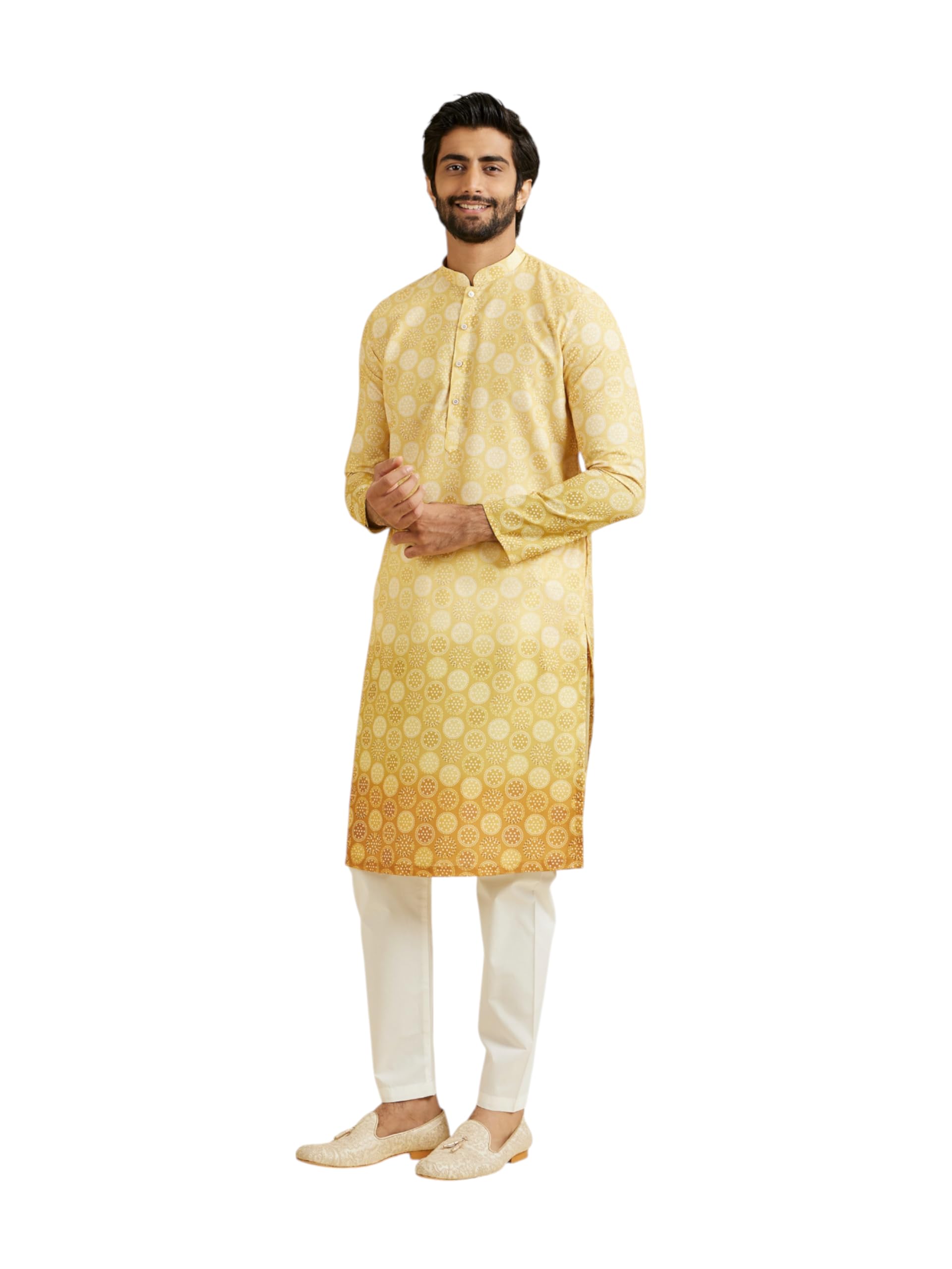 Manyavar Mens Cotton Blend Circular Bandhani Prints Kurta Pyjama Set(Yellow,XL)