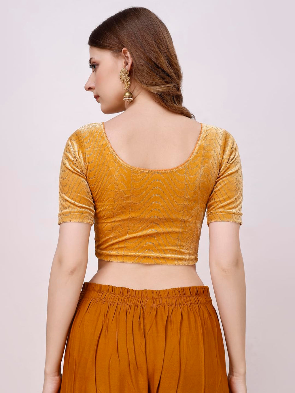 Pujia Mills WomenS Readymade Hosiery Velvet Lycra Stretchable Round Neck Half Sleeve Blouse With Jari Work Fancy Gold Color Lyc
