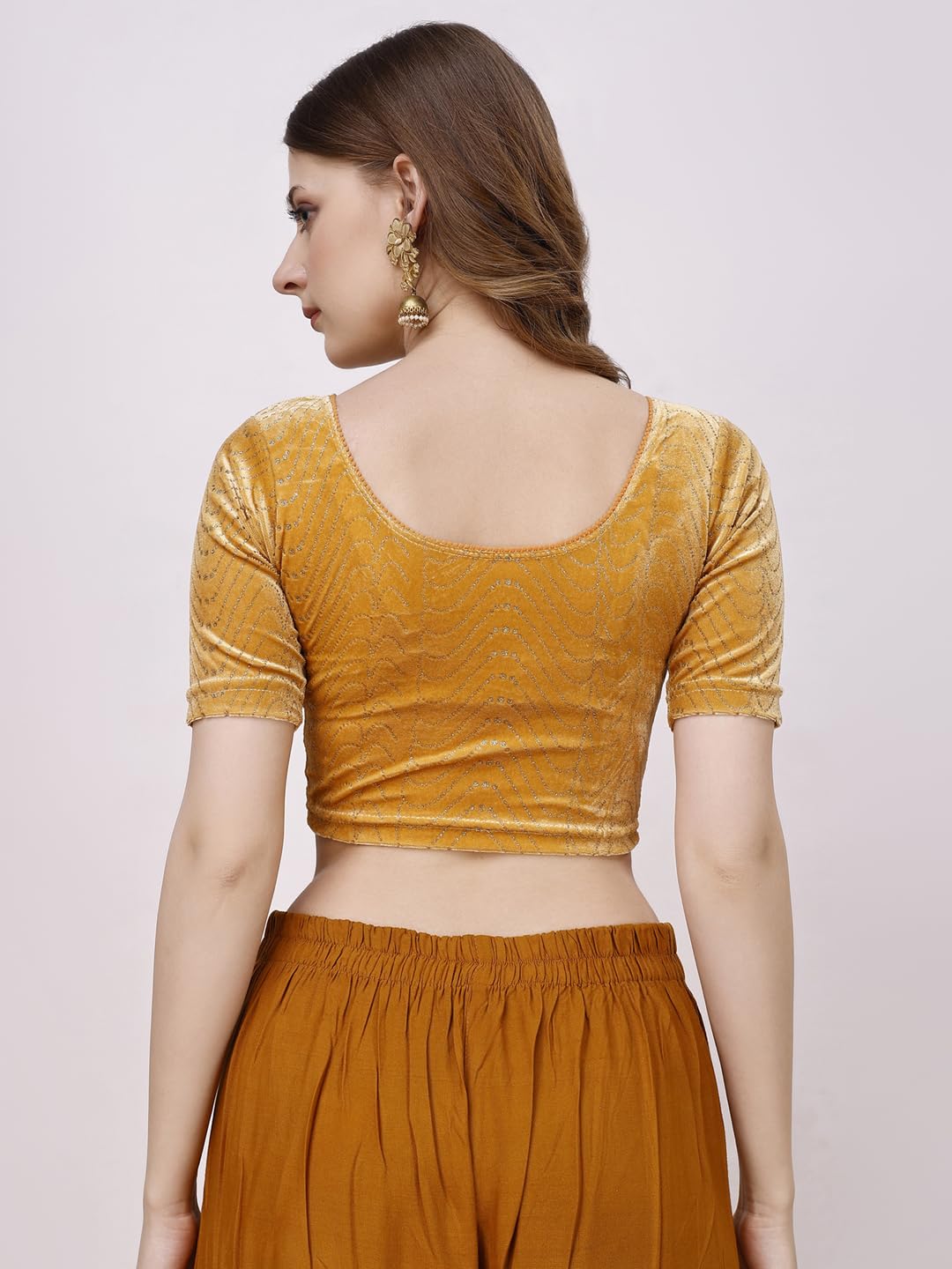 Pujia Mills WomenS Readymade Hosiery Velvet Lycra Stretchable Round Neck Half Sleeve Blouse With Jari Work Fancy Gold Color Lyc