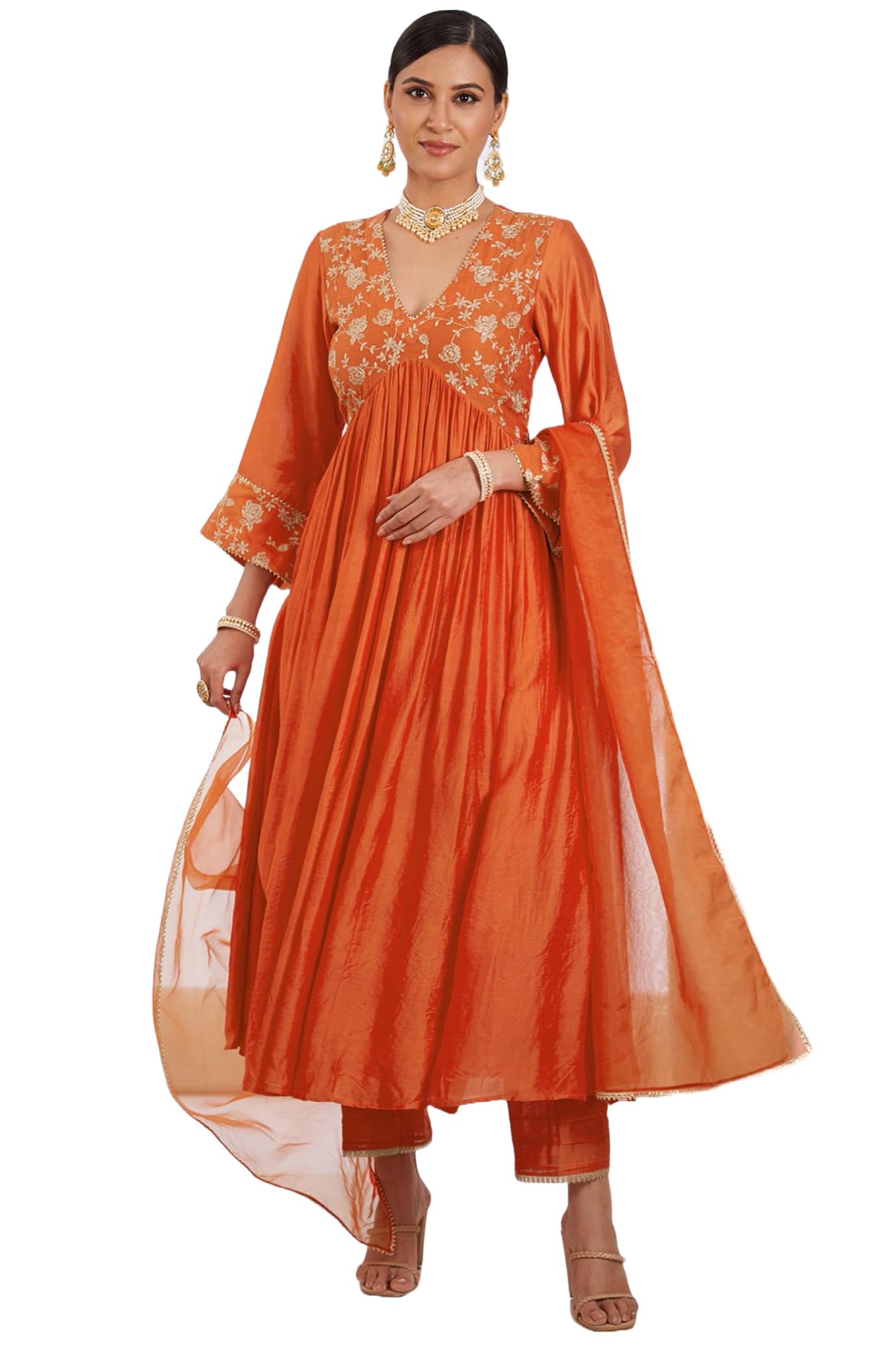 ANNI DESIGNER Womens Rayon Blend Anarkali Embroidered Kurta with Pant & Dupatta (KANAKAM Orange_L_Orange_Large)