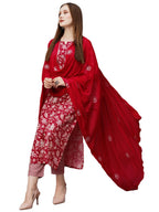 ANNI DESIGNER Womens Cotton Blend Straight Printed Kurta with Pant & Dupatta (MEI RED-NW_S_Red_Small)