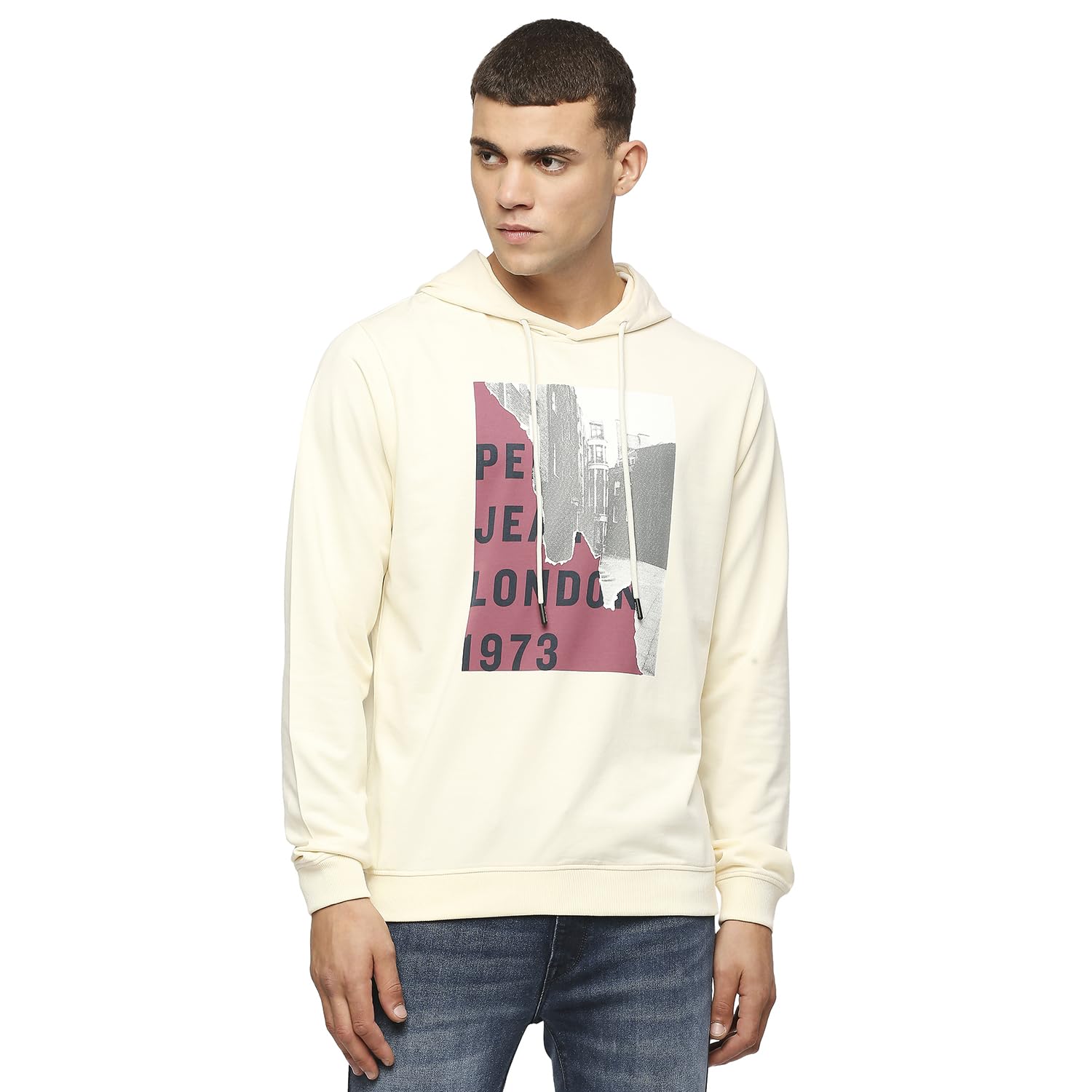 Pepe Jeans MenS Cotton Hooded Neck Sweatshirt (Pm582650_White