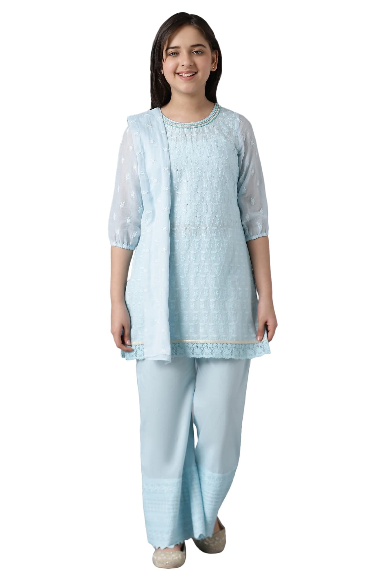 Aurelia Girl'S Cotton Blend Kurta, Palazzo, Dupatta (22Aug10223C