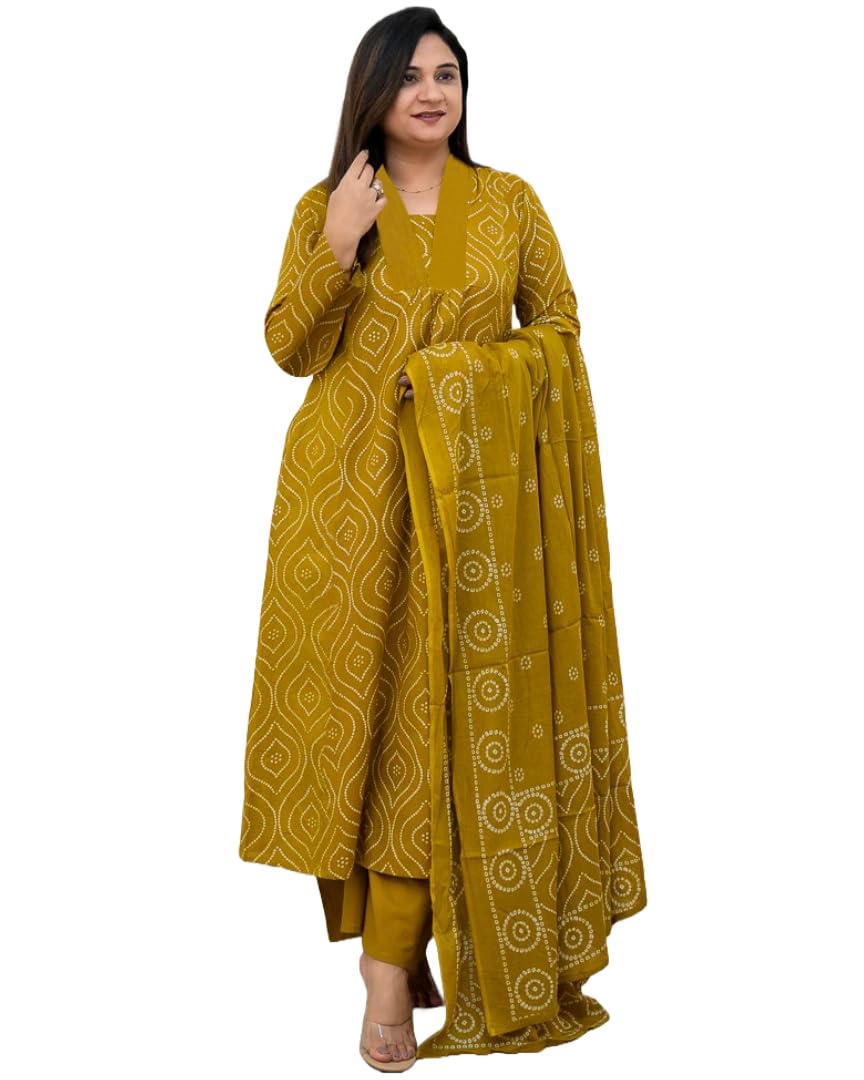 ANNI DESIGNER Womens Rayon Viscose Anarkali Printed Kurta with Pant & Dupatta (VANGALA Mehandi_L_Mehandi_Large)