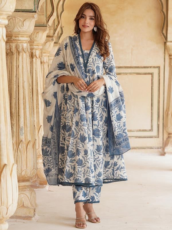Pinkmint Women Cotton Blend Floral Printed Kurta with Pant & Dupatta