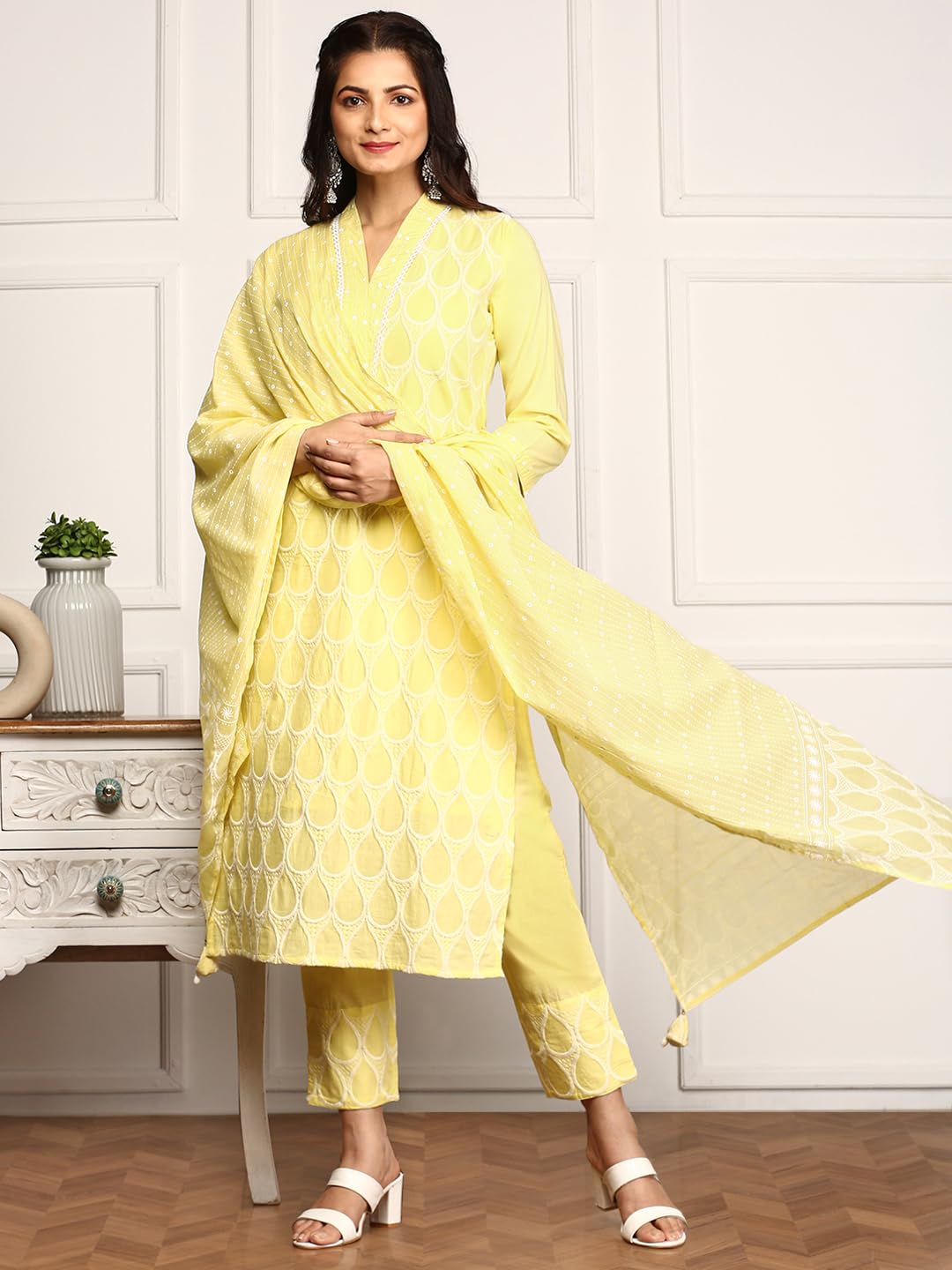 Ishin Women Yellow Cotton Kurta Set With Dupatta