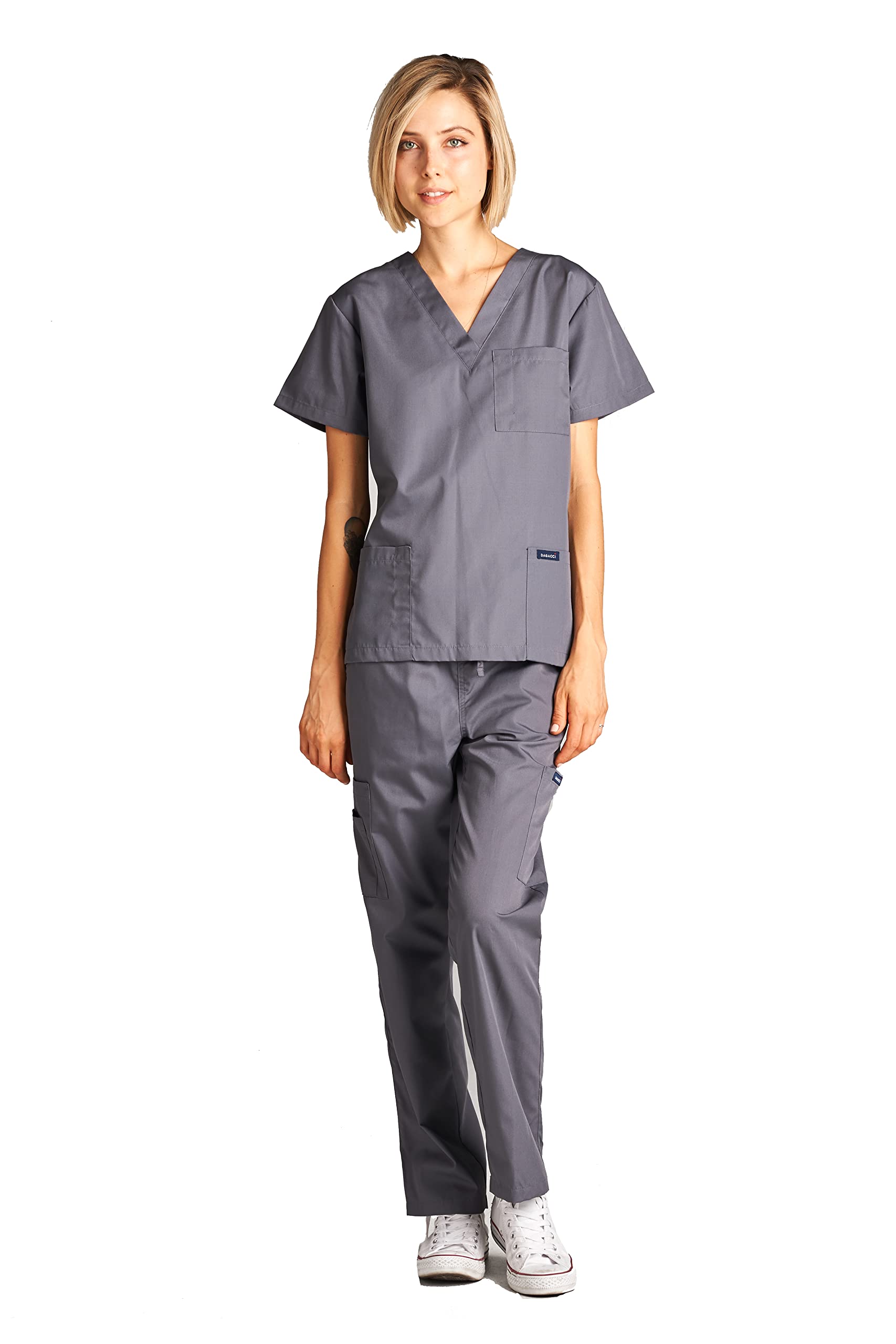 Dagacci Scrubs Medical Uniform Women and Man Scrubs Set Medical Scrubs Top and Pants, Petwer Gray, Medium